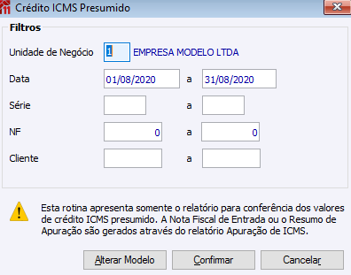 Crédito ICMS Presumido