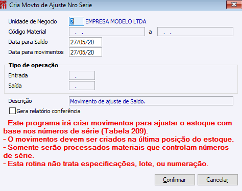 Cria Movto de Ajuste Nro Série