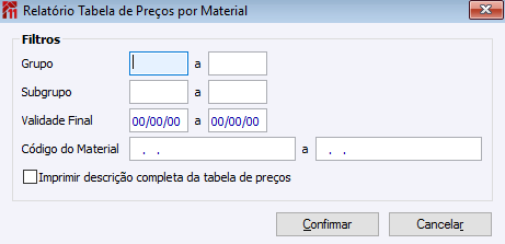 Relatório Tabela de Preços por Material