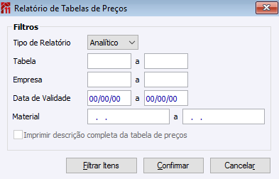 Relatório de Tabelas de Preços