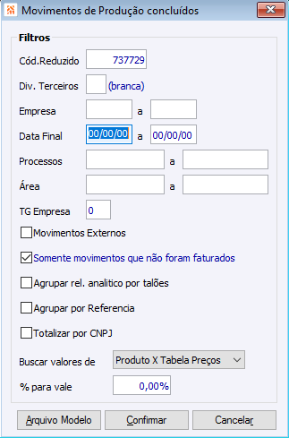 Movimentos de Produção concluídos