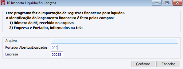 Importar Liquidação Lançamento