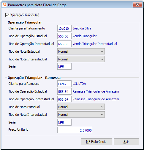 Parâmetros para NF de Carga