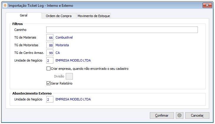Importação de movimentos internos e externos Ticket Log