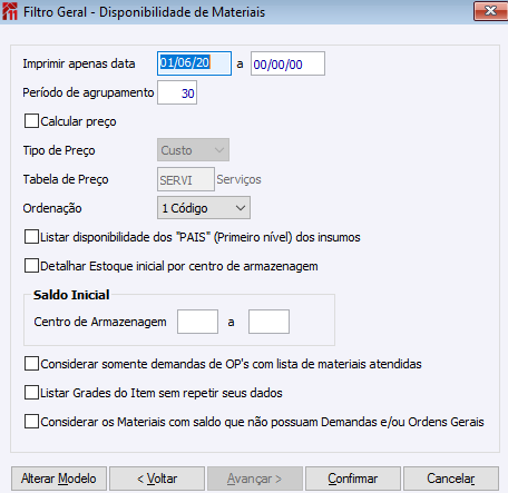 Filtro Geral - Disponibilidade de Material