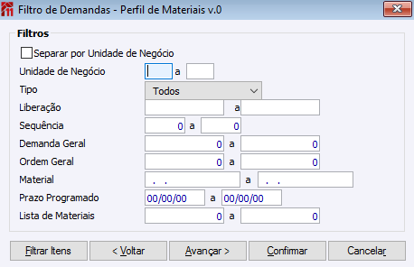 Filtro de Demandas- Perfil de Materiais v.0