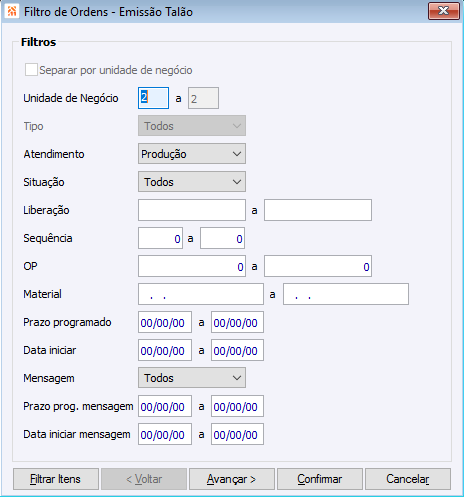 Filtro de Ordens Emissão de Talão