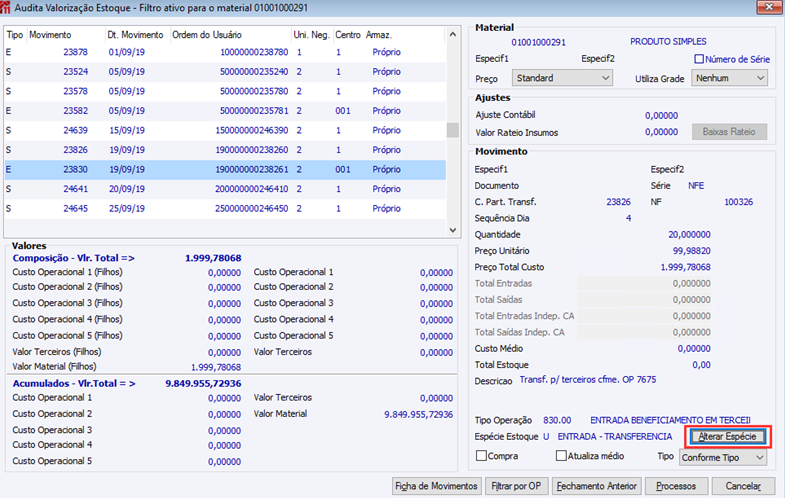 Auditar Valorização Estoque - Filtro ativo para o material