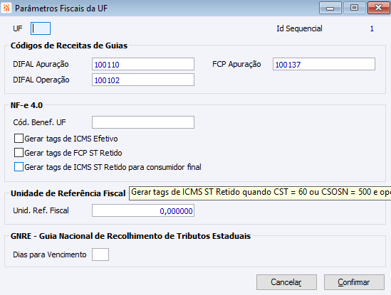 Parâmetros Fiscais da UF