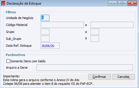 Declaração de Estoque