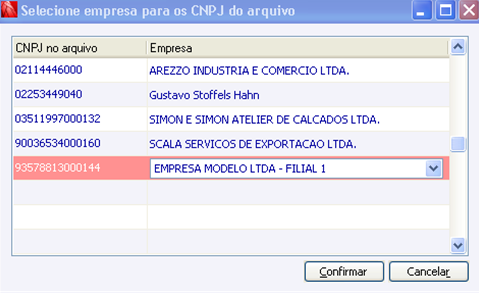 Selecione empresas para o CNPJ dos arquivos