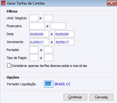 Gerar Tarifas de Cartões