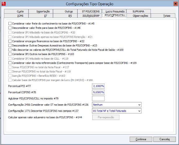 Configurações Tipo de Operação