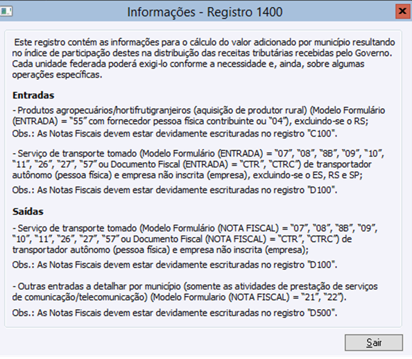 Informações - Registro 1400