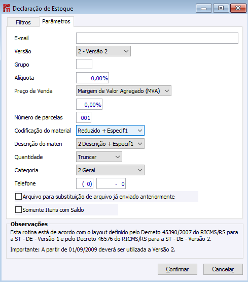 Declaração de Estoque