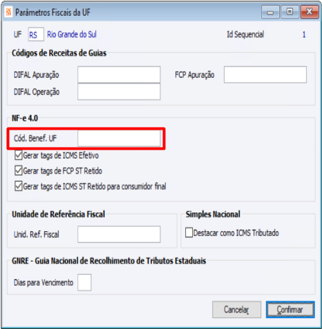 Parâmetros Fiscais da UF cBenef