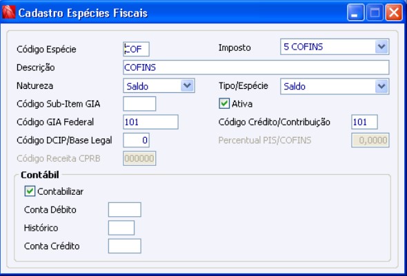 Cadastro Espécies Fiscais