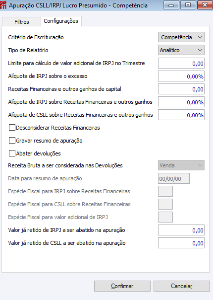 Apuração - CSLL/IRPJ Lucro Presumido - Competência