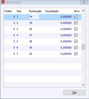 Numeração/Tamanhos da Grade