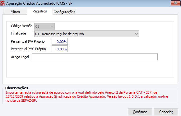 Apuração Crédito Acumulado ICMS - SP