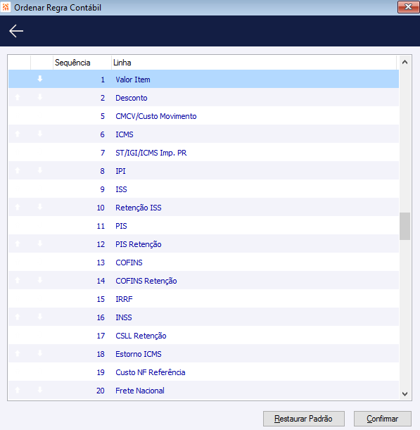 Ordenar Regra Contábil