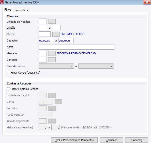 Gerar Procedimentos CRM Cobranças