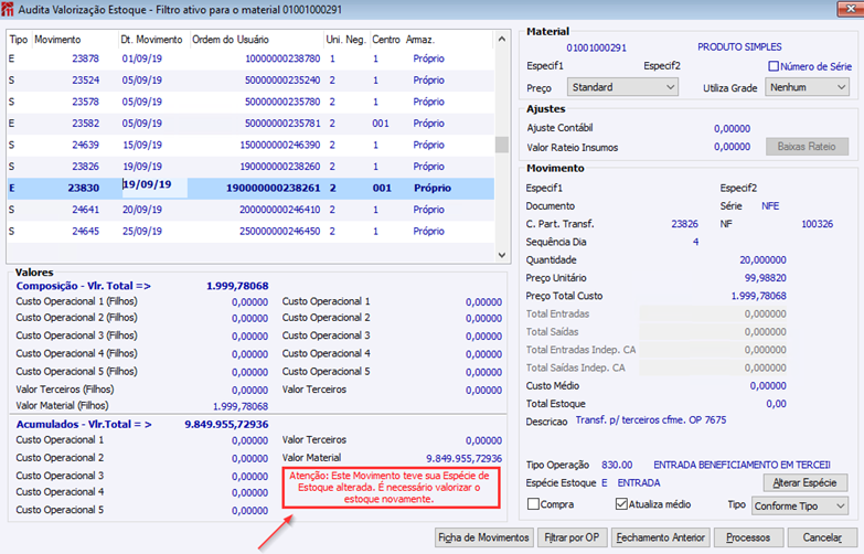 Audita valorização Estoque - Filtro ativo para o Material 0100100291