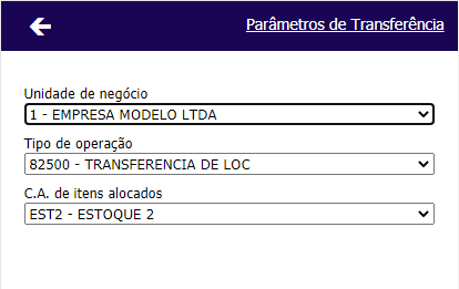 Coletor Transferência Parâmetros