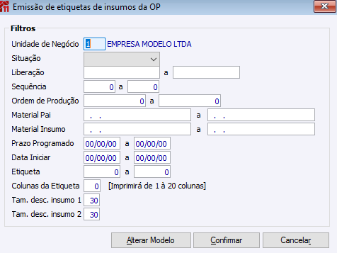 Emissão de etiquetas de insumos da OP