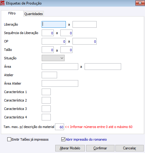 Etiquetas de Produção