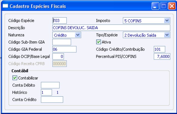 Cadastro Espécies Fiscais