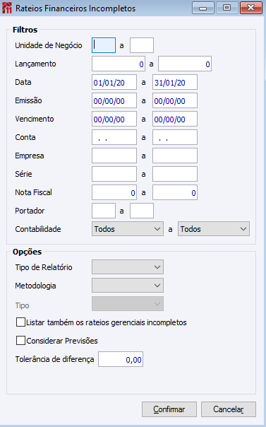 Rateios Financeiros Incompleto