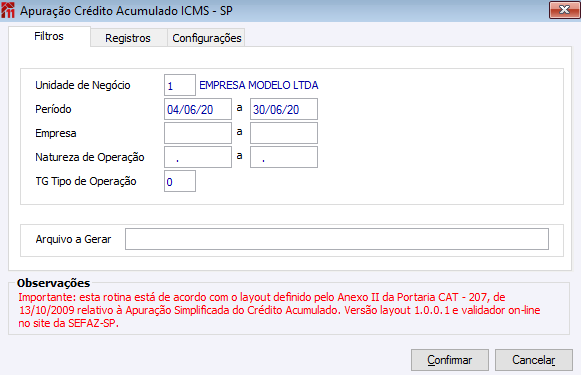 Apuração Crédito Acumulado ICMS - SP