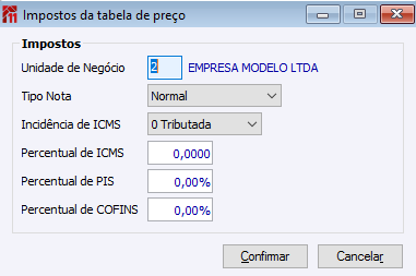Impostos da Tabela de Preços