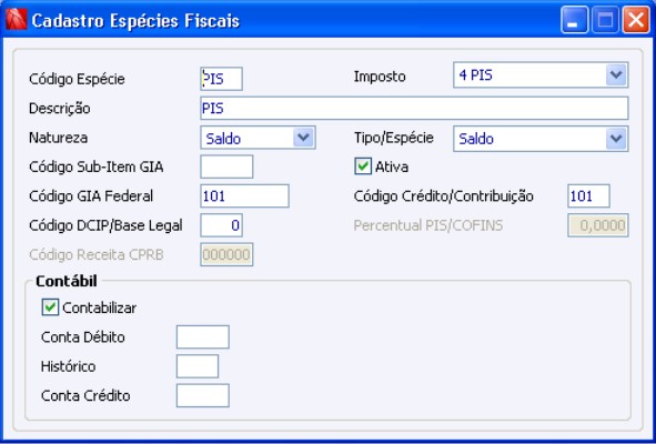 Cadastro Espécies Fiscais