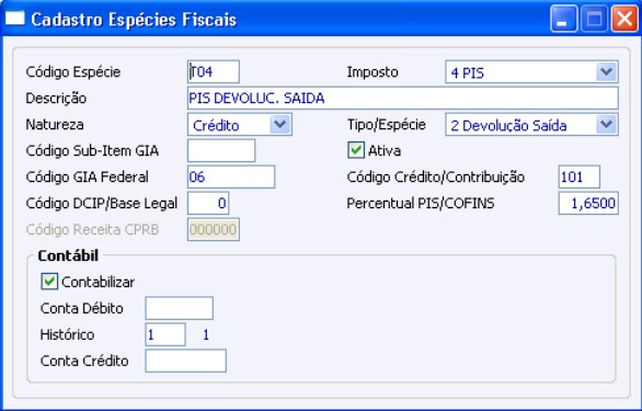 Cadastro Espécies Fiscais