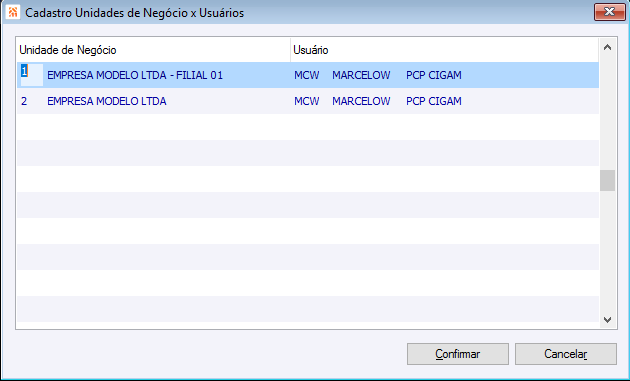 Cadastro Unidades de Negócio X Usuários