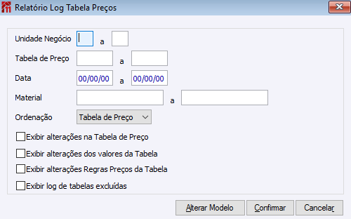 Relatório Log Tabela de Preços