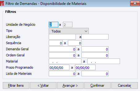 Filtro de Demandas - Disponibilidade de Materiais