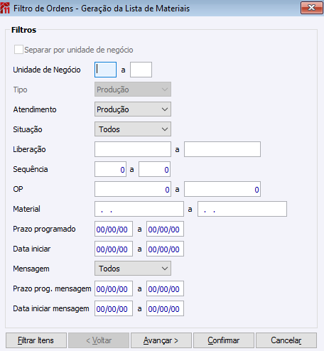 Filtro de Ordens -Geração da Lista de Materiais