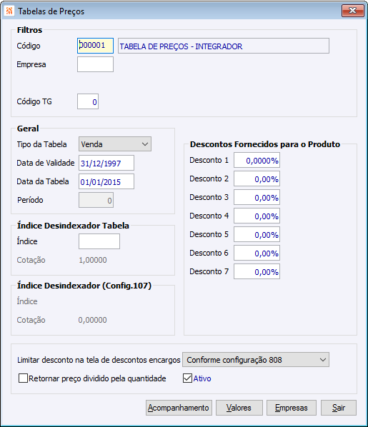 Tabela de Preço 1