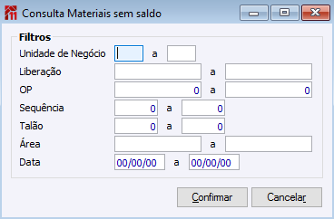 Consulta Materiais sem saldo