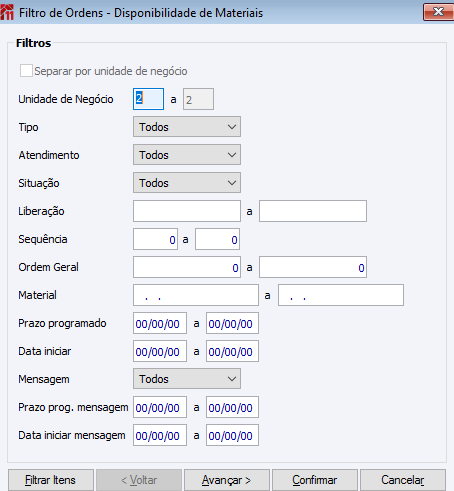 Filtro de Ordens - Diponibilidade de Materiais