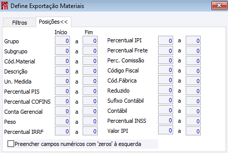 Definir exportação de Materiais