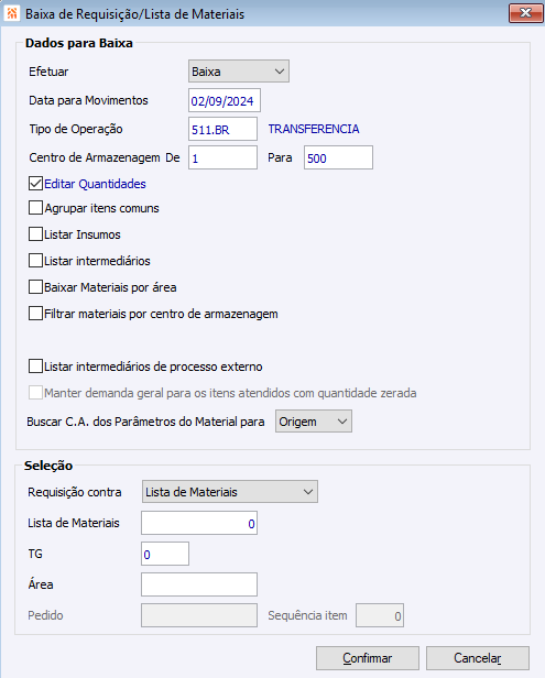 Baixa de Requisição/Lista de Materiais