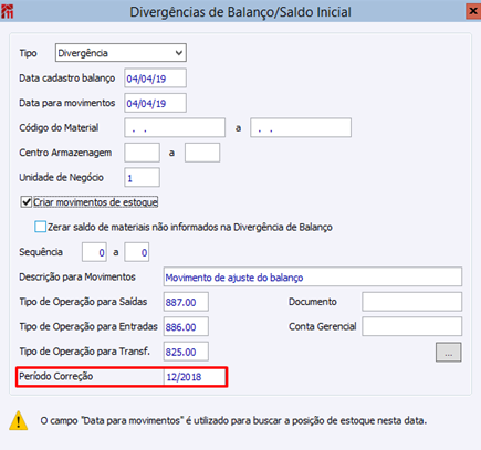 Divergência deBalanço/Saldo Inicial