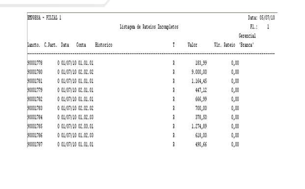 Rateios Financeiros Incompleto