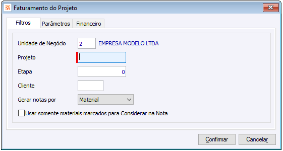 Guia Filtros - Gerar Faturamento de Projeto