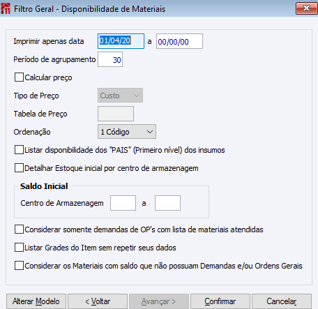 Filtro Geral -Disponibilidade de Material