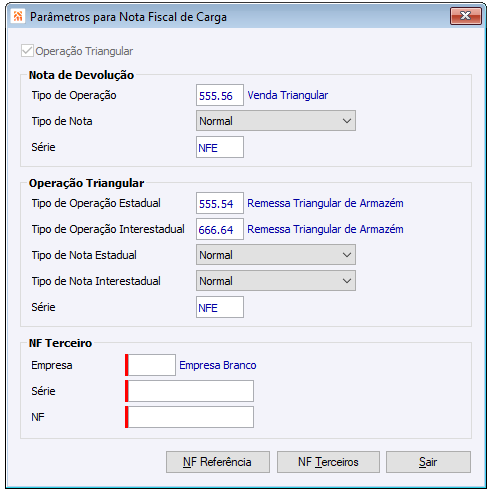 Parâmetros para NF de Carga